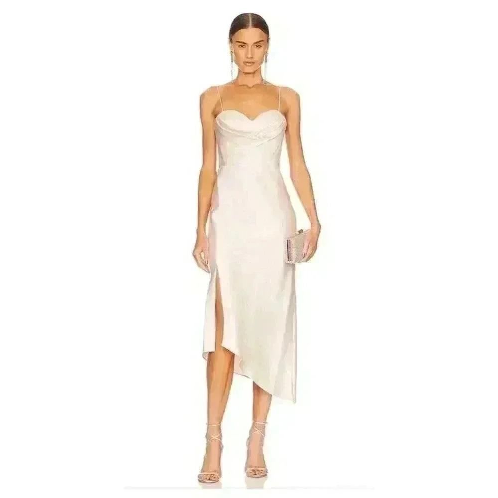 NWT Alice + Olivia Kiyoko Satin Asymmetrical Midi Dress in Champagne Size 4